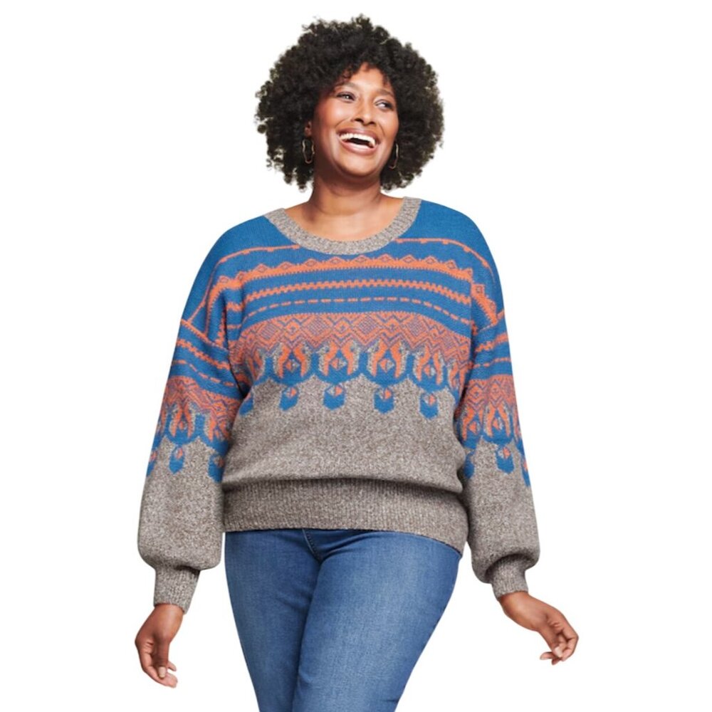 Monroe & Main Gray Blue Sweater Vickie Fair Isle Pullover Orange Gray Size XL